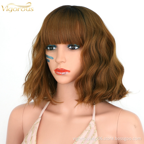 Natural Texture Highlight Brown Black Short Curly Bob Wig Soft Cheap Glueless Water Wave Synthetic Hair With Bangs